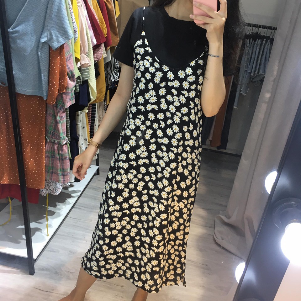 [HCM]ĐẦM HOA CÚC ĐEN DÂY DÁNG SUÔNG