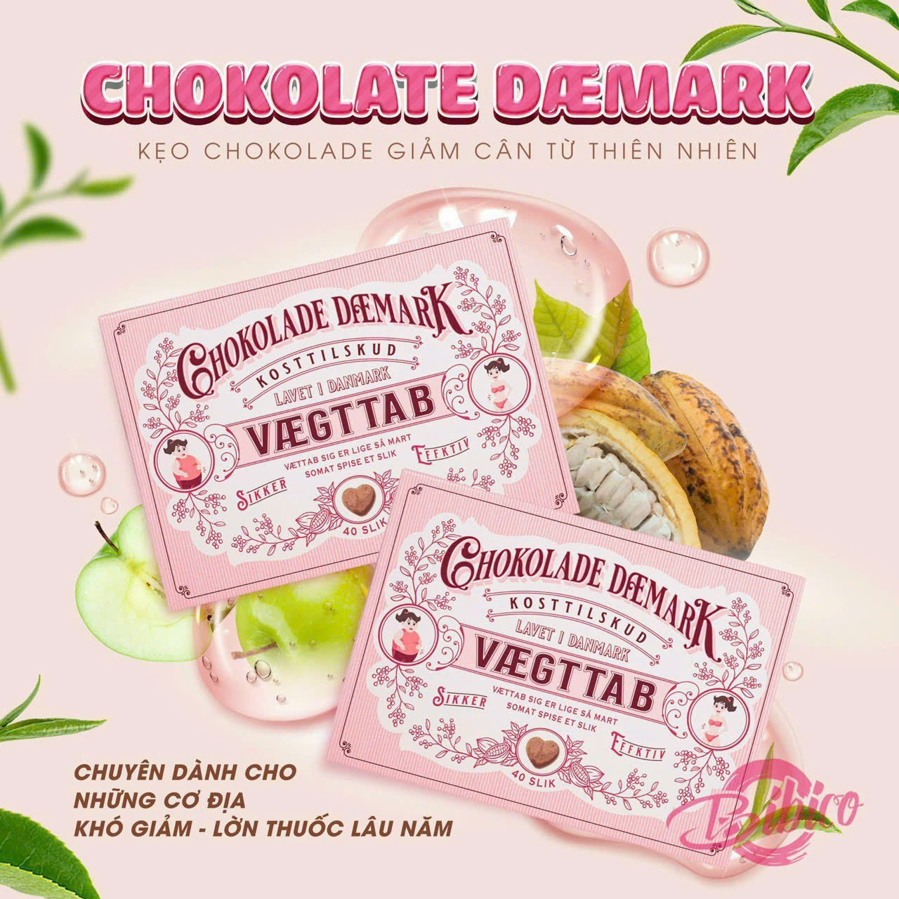 (MẪU MỚI FULL HỒNG mẫu mới 2024) Kẹo Socola Giảm Cân Đan Mạch - giảm cân X2 [ hộp 40 viên]