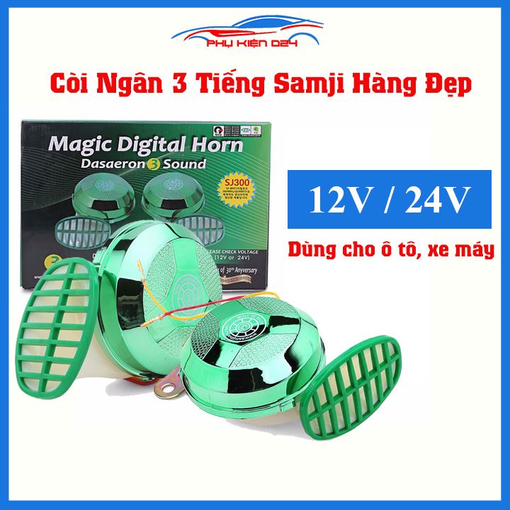 Còi ngân, kèn ngân Hàn Quốc cho ô tô, xe máy 3 Tiếng SAMJI hàng đẹp 12V(1 AC quy) / 24V (2 Ac Quy)