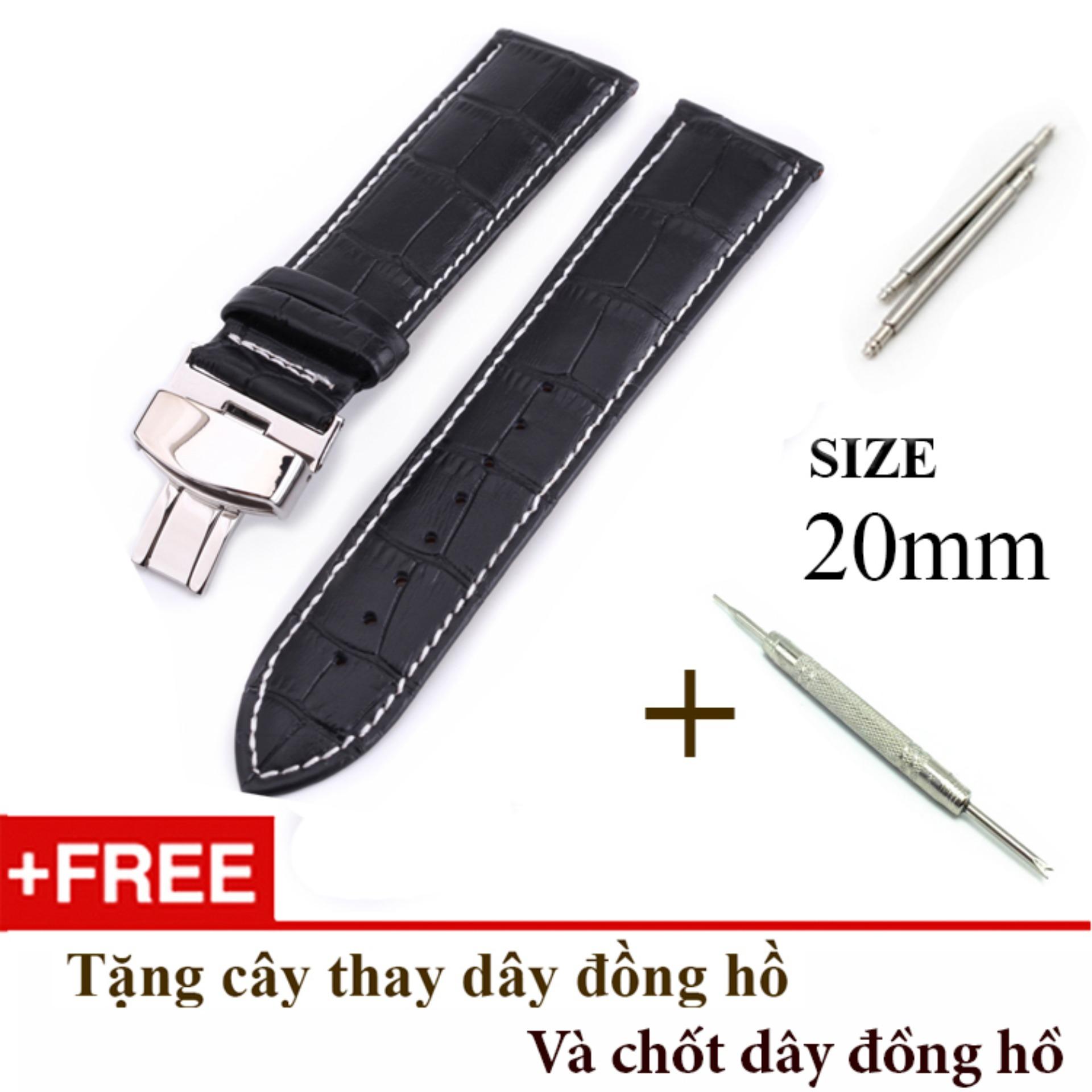 Dây đồng hồ da bò xịn SIZE 20mm, khóa bướm thép 316 đen-B10
