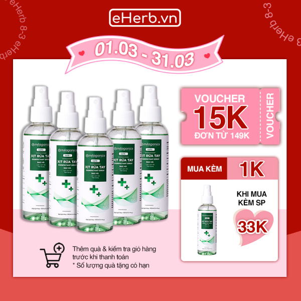 [MUA 5 TẶNG 1] Combo 5 Chai Nước Rửa Tay Khô Xịt Khuẩn, Xịt Rửa Tay Khô Bạc Hà Sát Khuẩn Dưỡng Ẩm Không Gây Khô Da MILAGANICS 100ml (Chai) - eherb giá rẻ