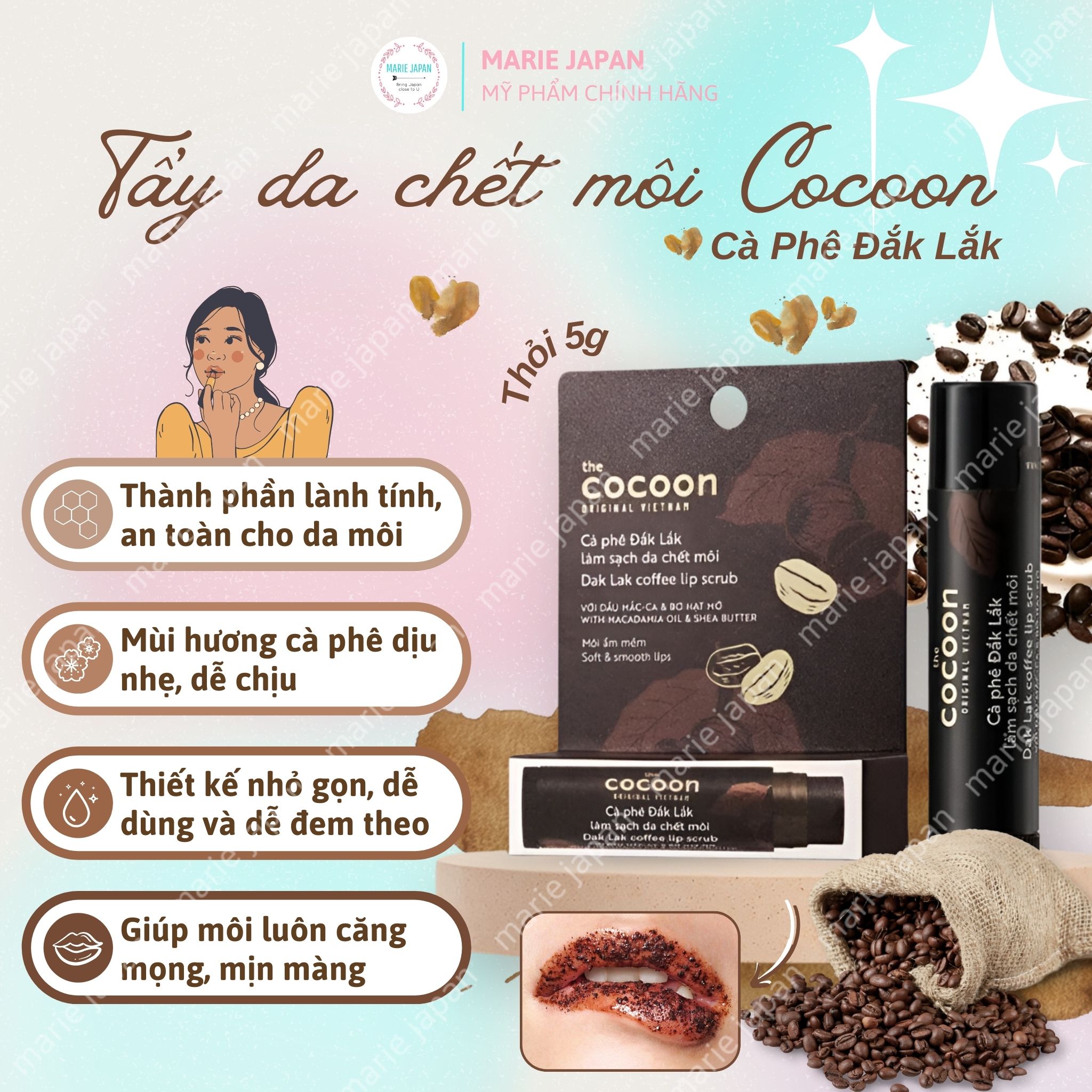 Tẩy Da Chết Môi Cà Phê Đắk Lắk Cocoon Thỏi 5g