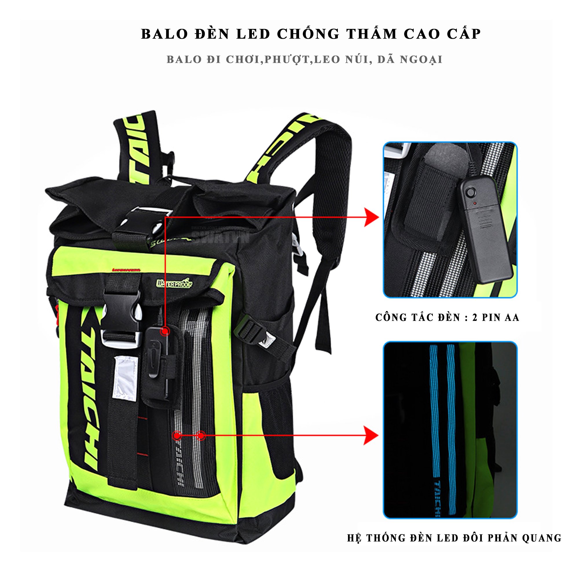 Balo Taichi RS272 chống thấm cao cấp có đèn led