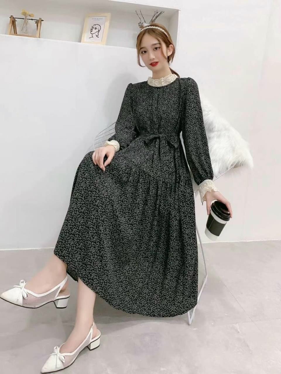 váy bầu,đầm bầu  thời trang công sở xuông a cổ sơ mi đuôi cá tầng xinh xắn