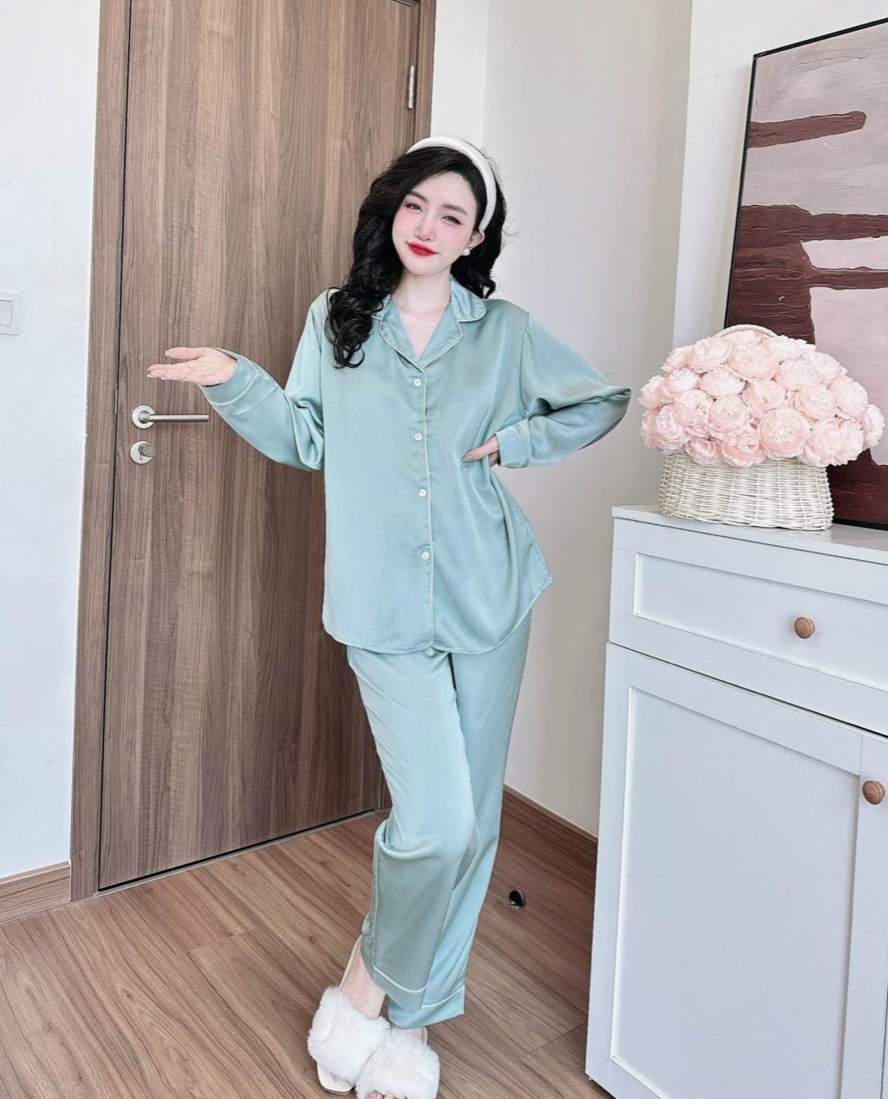 Bộ đồ ngủ pijama nữ bigsize dài lụa màu trơn cao cấp chất lụa ngọc trai mềm mịn