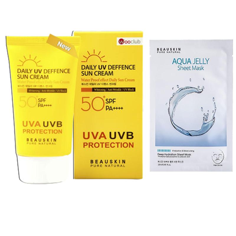 Combo Kem chống nắng kiểm soát dầu DAILY UV DEFENSE SUN CREAM và Mặt nạ cấp ẩm sâu Aqua Jelly Sheet Mask cao cấp