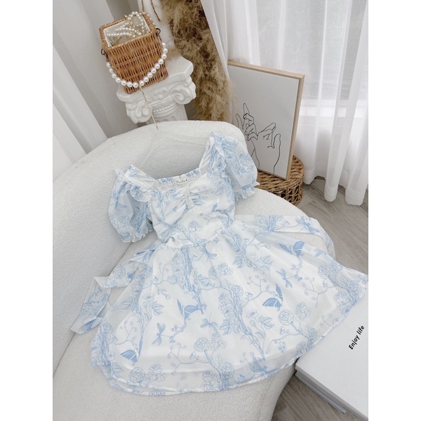 Đầm hoa xanh nhún chỉ - Chitchitstore