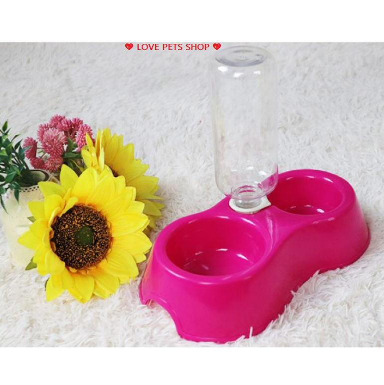 Chén ăn cho Chó Mèo 2 ngăn bằng nhựa PP kèm bình nước tự động - Love pets shop