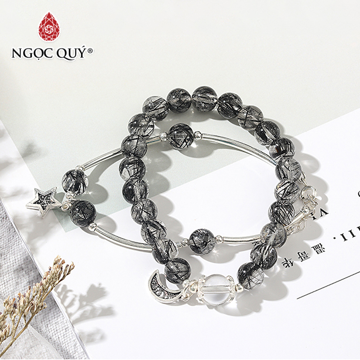 [HCM]Vòng 2 line đá thạch anh tóc đen phối charm trăng sao mệnh thủymộc - Ngọc Quý Gemstones