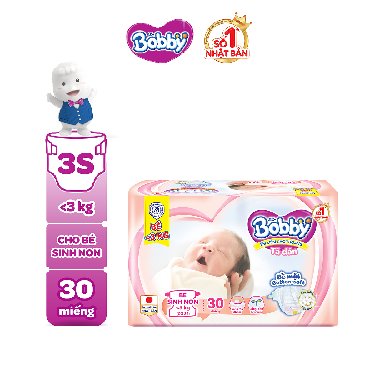 Tã/Bỉm dán Bobby cho trẻ thiếu tháng 3S 3kg - 30 miếng
