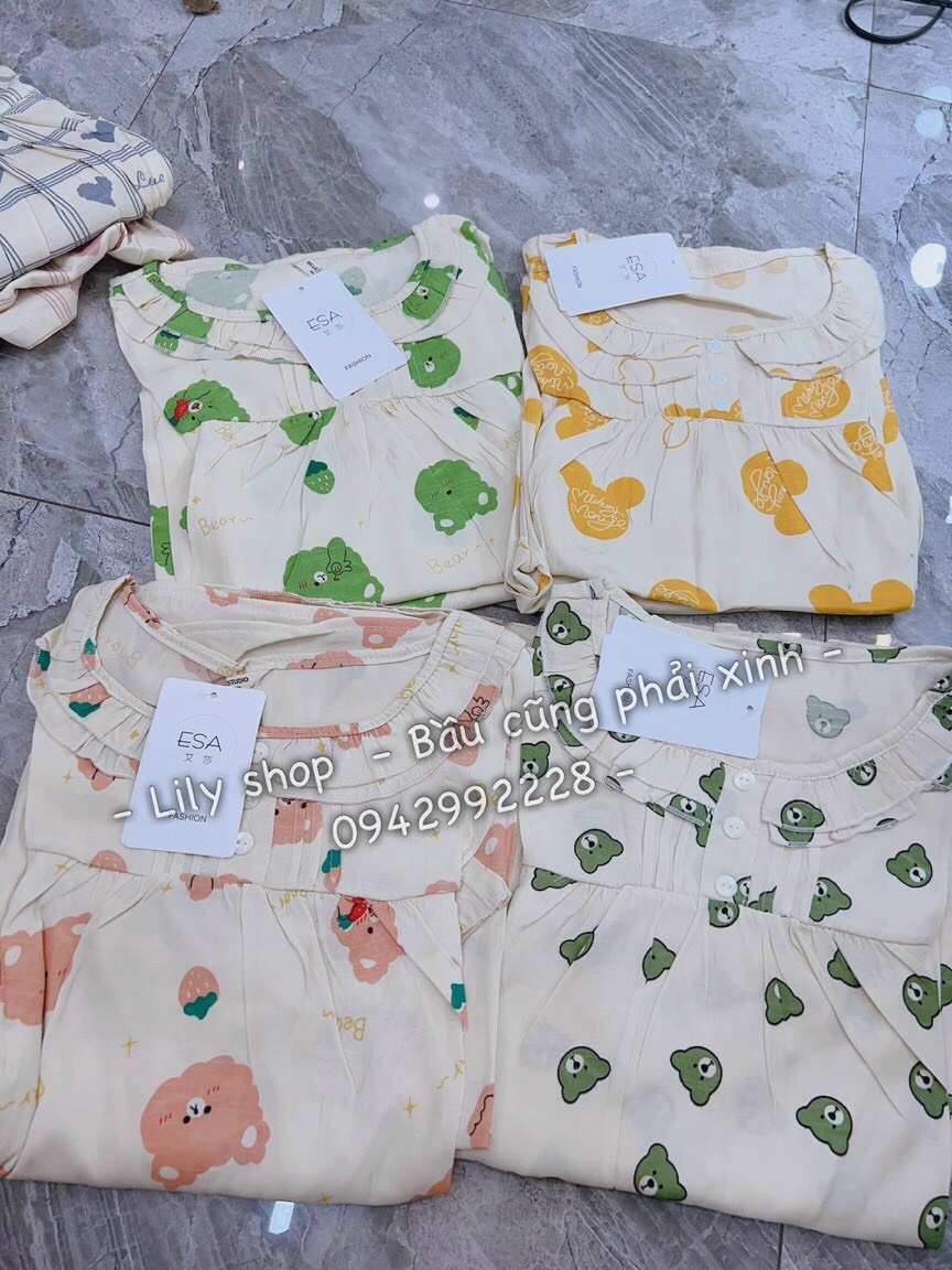 Bộ bầu đồ bộ cộc tay chất đũi phối bèo viền cổ xinh