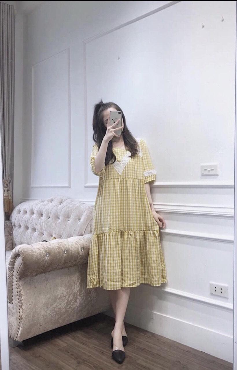 Váy bầu thu chất thô lụa kẻ xinh