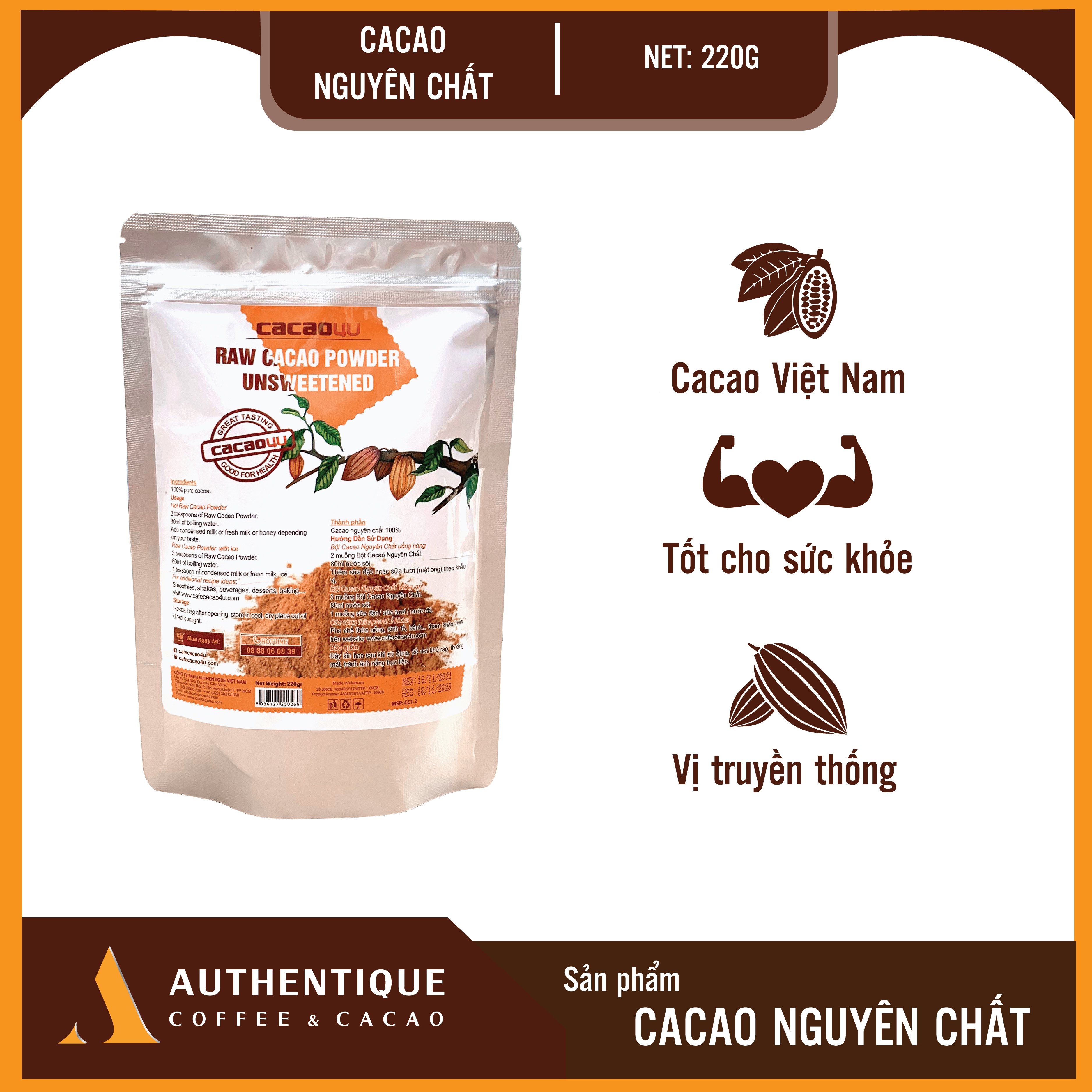 Bột Cacao Nguyên chất Authentique - Túi 220gr - Không đường