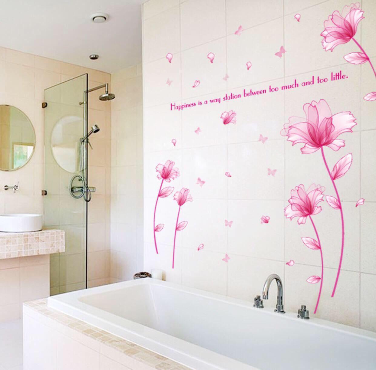 decal dán tường mẫu hoa pha lê hồng cánh mổng