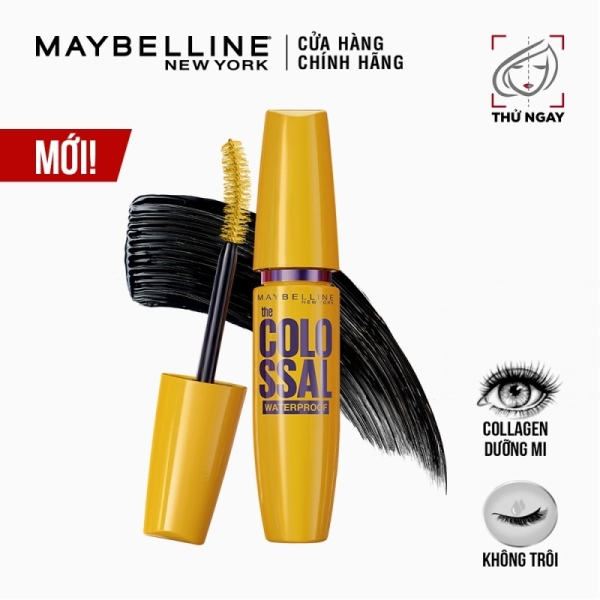 Mascara Maybelline Vàng Làm Dày Mi Gấp 10 Lần & Ngăn Rụng Mi Màu Đen Mascara Colossal Waterproof Black 9.2ml