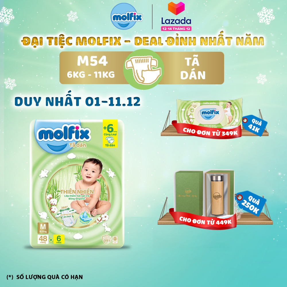[Đơn 399K Tặng 2 miếng tã quần size L ]  Tã/bỉm dán Molfix Thiên nhiên Jumbo M (6kg - 11kg) - Gói 48+6 miếng
