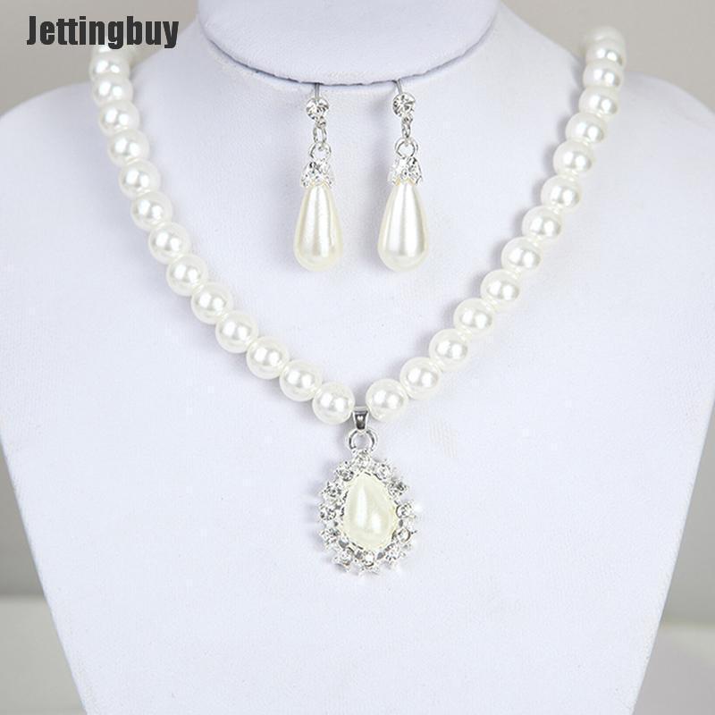Jettingbuy Elegant Pearl Crystal Drop Earrings Chain Necklace Wedding Party Jewelry Set