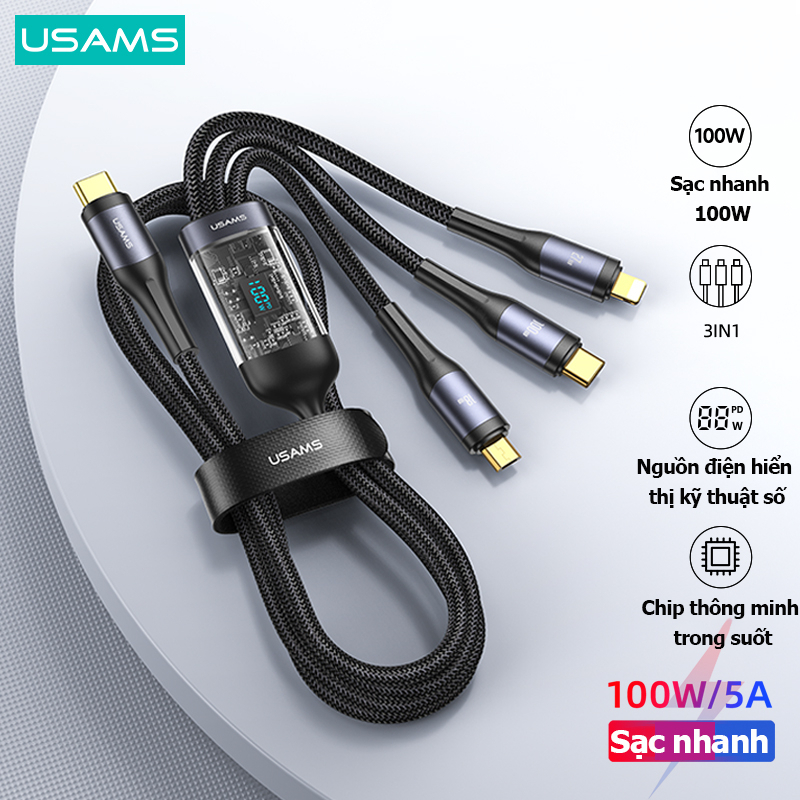 Dây Cáp Sạc Nhanh USAMS PD 100W 3 Trong 1 (Lightning+Type-C+Micro USB)