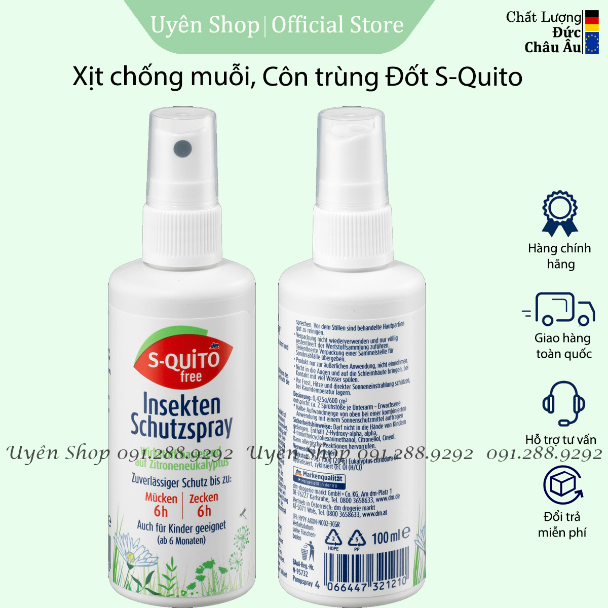 Chai Chống Muỗi Đốt Và Côn Trùng Cắn Squito HÀNG ĐỨC, Chống Đốt Lên Đến 6h, Trẻ Sơ Sinh, chai 100ml