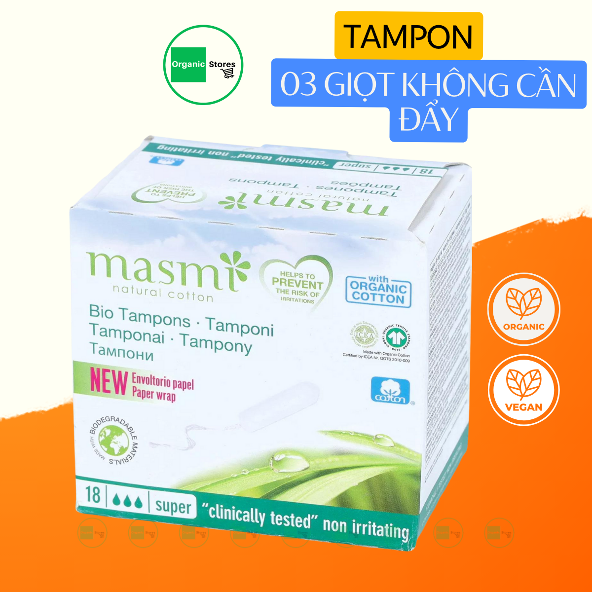 Tampon không cần đẩy 3 giọt hữu cơ (18 miếng) - Masmi