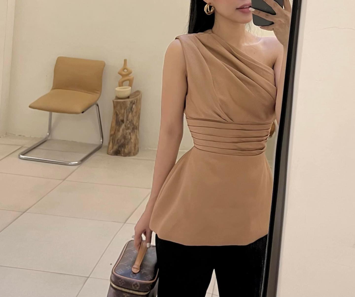 [Ảnh thật] Áo peplum dáng dài lệch vai xếp li eo