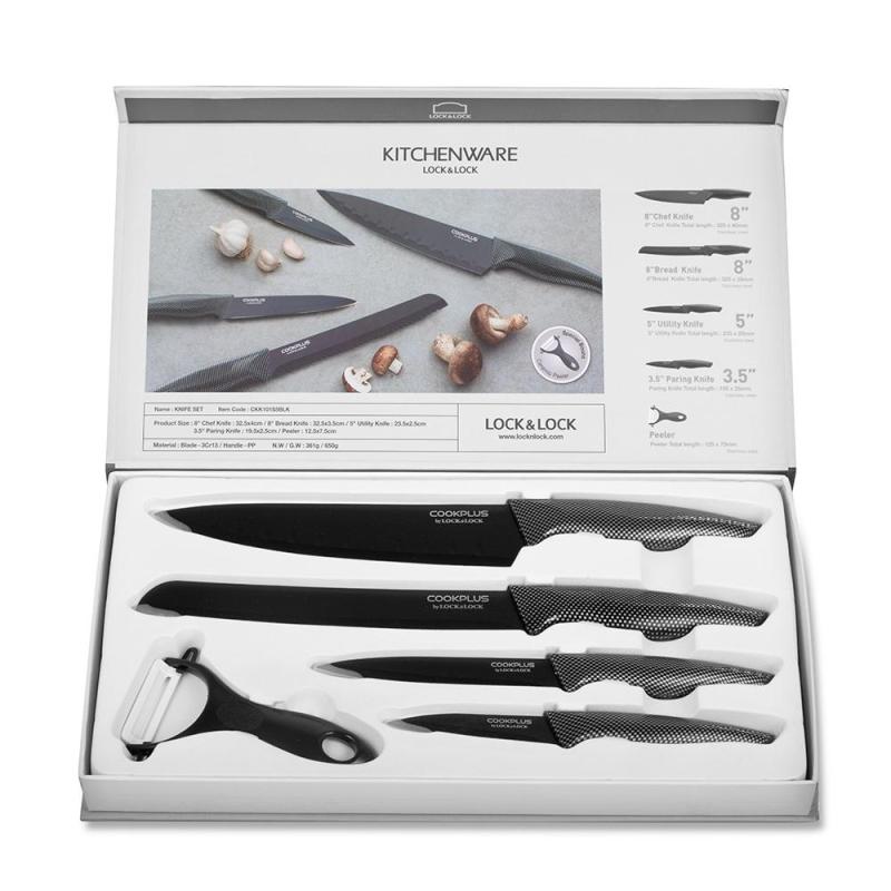 Bộ dao nhà bếp 5 món COOKPLUS Lock & Lock (Dao: 4 cái  Dụng cụ gọt vỏ trái cây: 1 cái) CKK101S5BLK SHS nhập khẩu