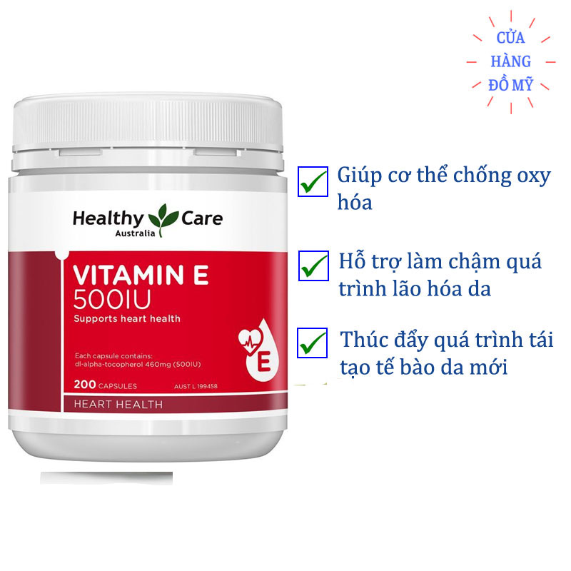 Viên Uống Vitamin E Healthy Care 500IU Hộp 200 Viên