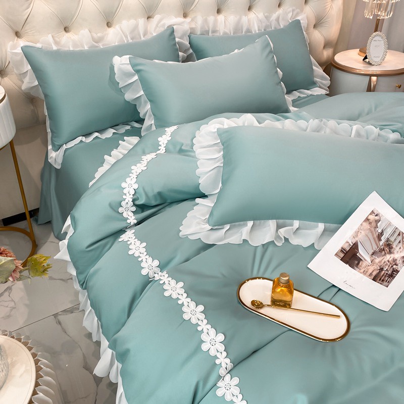 (❤GIÁ CỰC RẺ ) Bộ Vỏ Chăn Ga Gối Phi Lụa Phối Viền Bèo Ren Nhập Khẩu Set 4 Món