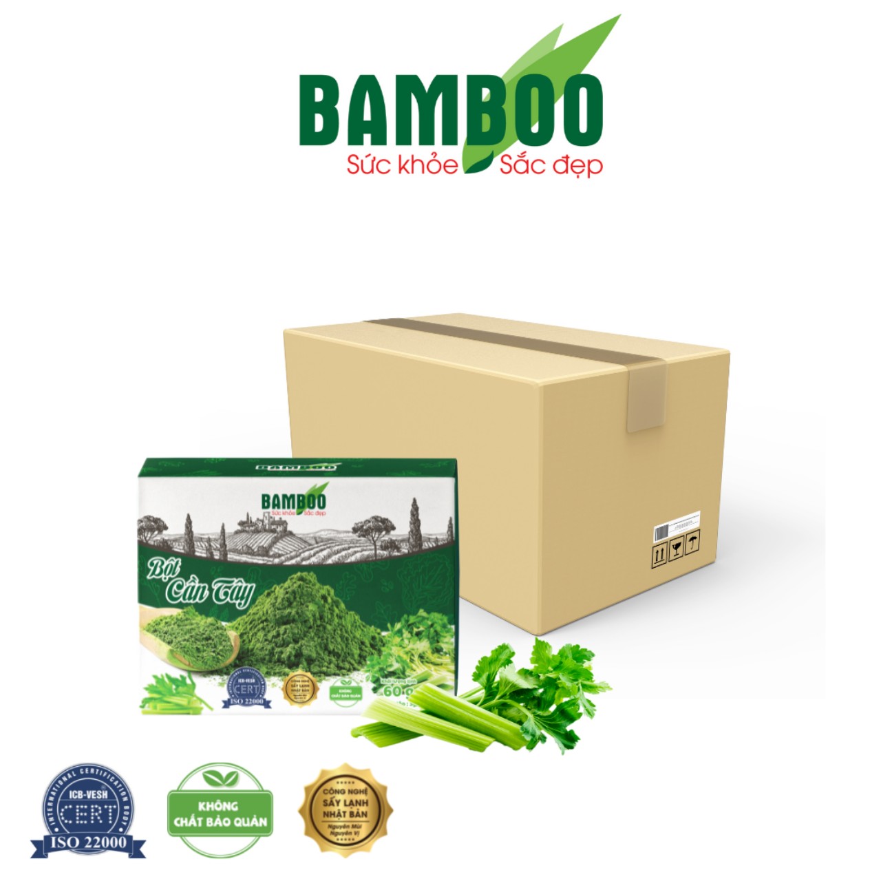 Bột Cần Tây Bamboo Sấy Lạnh Nguyên Chất Giúp Giảm Cân, Ngủ Ngon, Thanh Lọc Cơ Thể - Hộp 20 Gói (3g/ Gói)