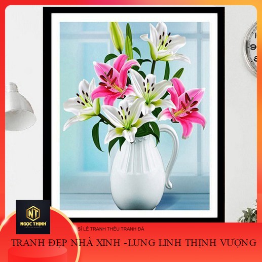 Tranh thêu chữ thập chỉ lụa bình hoa lyly hh0817