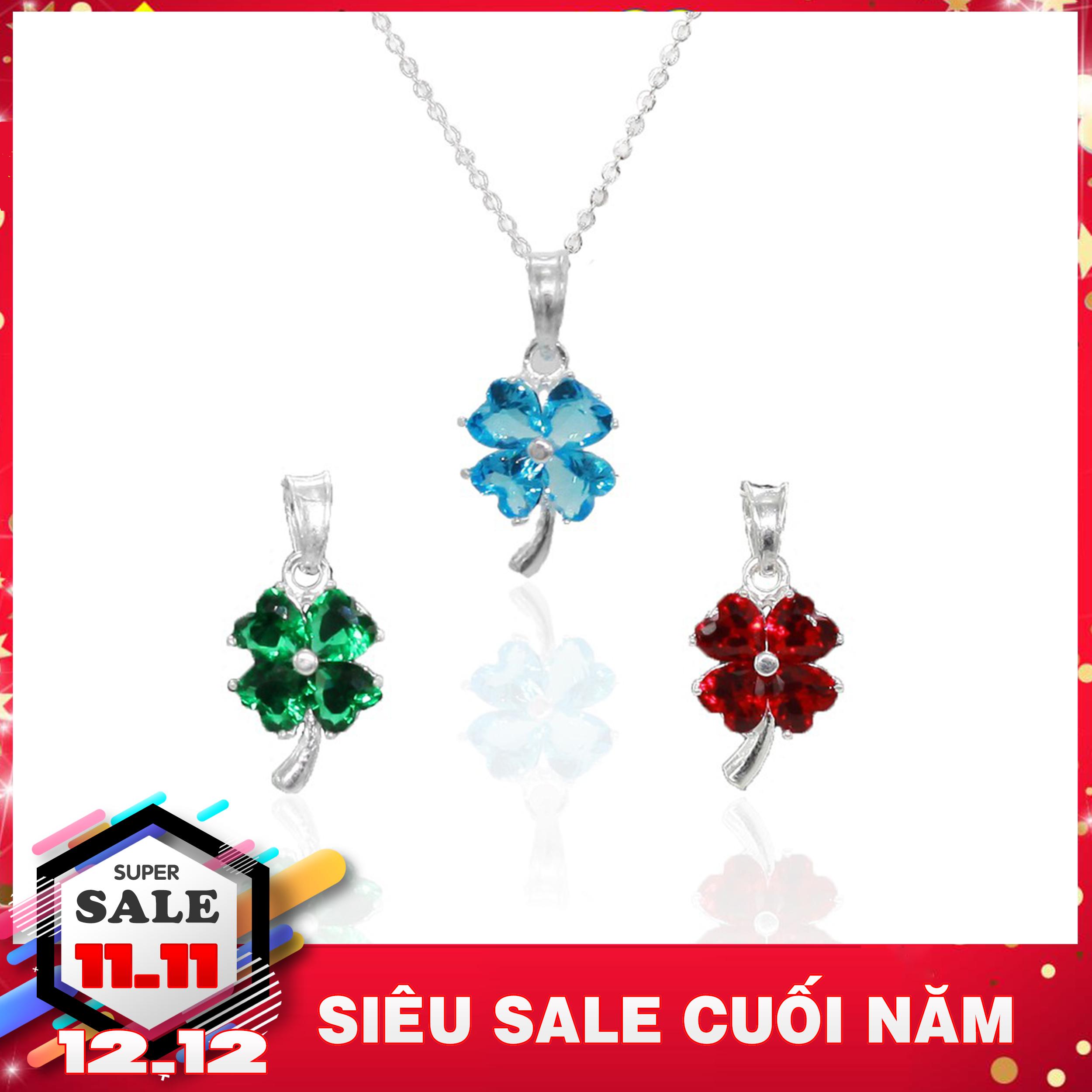 Dây chuyền bạc nữ - Vòng cổ bạc cỏ bốn lá may mắn đính Thủy Ngọc [DC-A14]