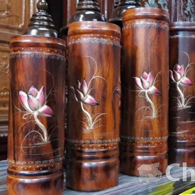 Ống đựng nhang gỗ chạm hoa sen