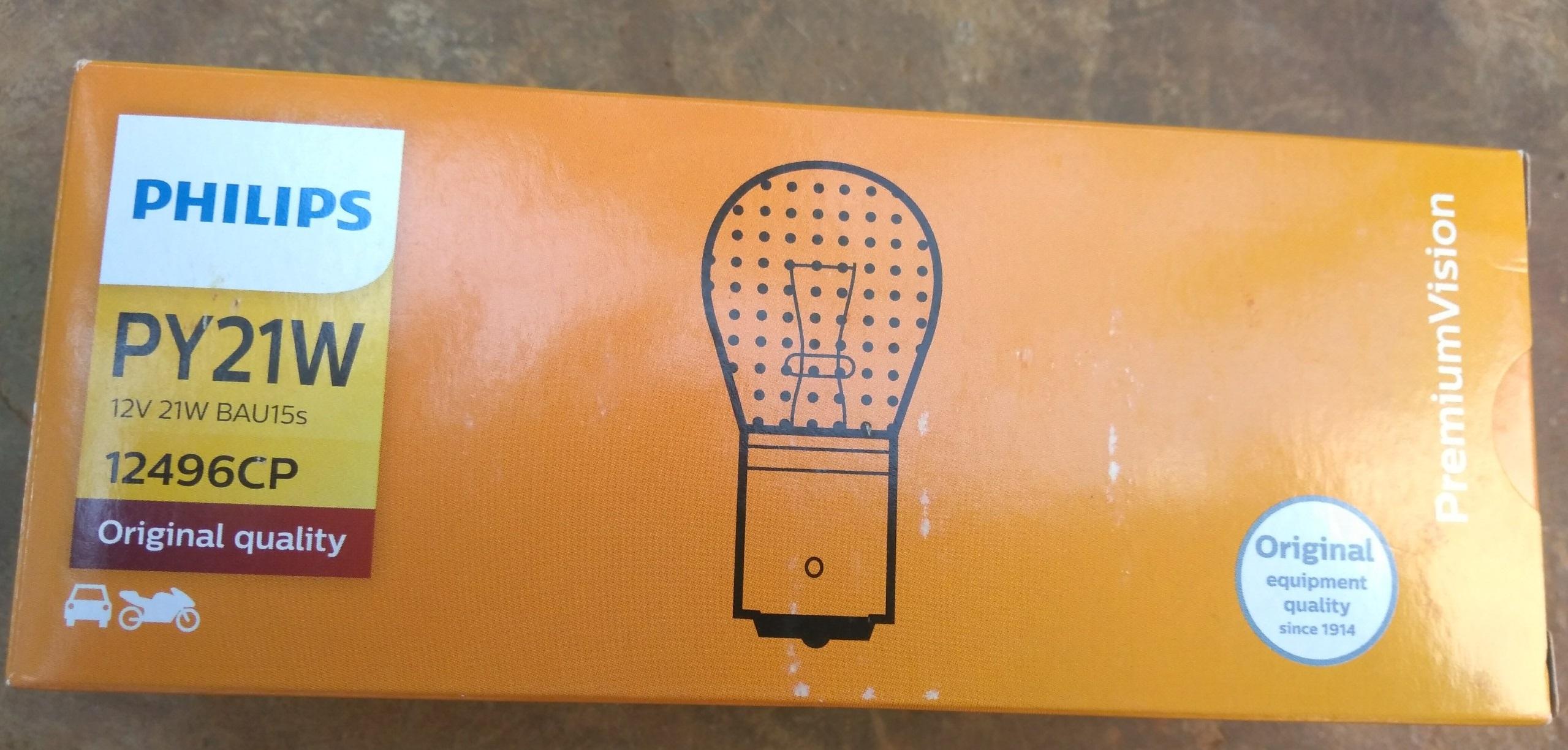 Philips Halogen PY21W 12496CP - 12V/21W - 1 tim - Chân chéo - (Đèn xi nhan trước sau,...)