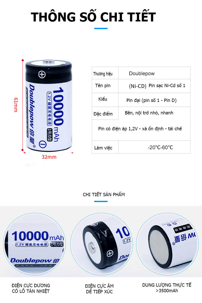 Pin đại sạc lại số 1 Size D 11000mAh Ni-Cd - Doublepow - loại cao cấp, dung lượng thực