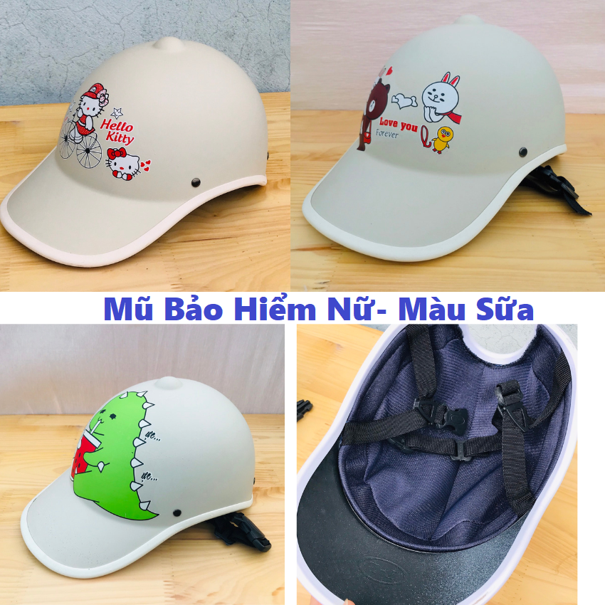 Mũ bảo hiểm lưỡi trai thể thao nam nữ hàng loại cứng, nón bảo hiểm lưỡi trai nữ có lỗ, nhiều họa tiết hình cute, helo kitty, gấu, mèo... Huongviva