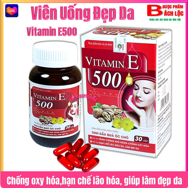Viên uống đẹp da Vitamin E đỏ 500, Chiết xuất tinh dầu quả óc chó, hoa anh thảo, giúp trắng da, mờ nám, cân bằng nội tiết tố- hộp 30 viên