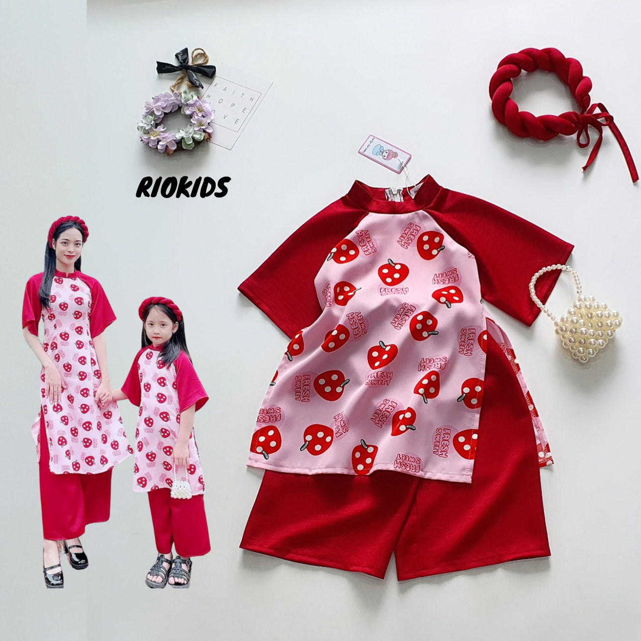 Ad13 riokids mom and girls silk ao dai with Chinese New Year decoration photo