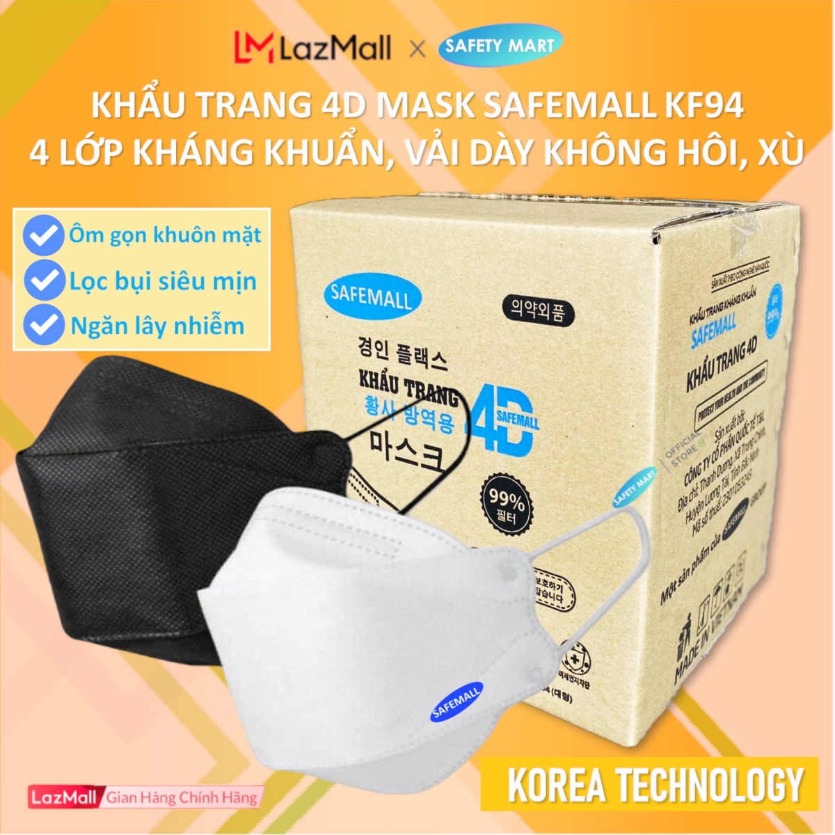 [HOT] Thùng 300/200 chiếc Khẩu trang y tế 4D KF94 SafeMall Korea Technology, 5 lớp vải kháng khuẩn, kháng bụi mịn lên đến 99%, Khẩu trang dày đẹp loại - Hàng Chính Hãng Safety Mart Official