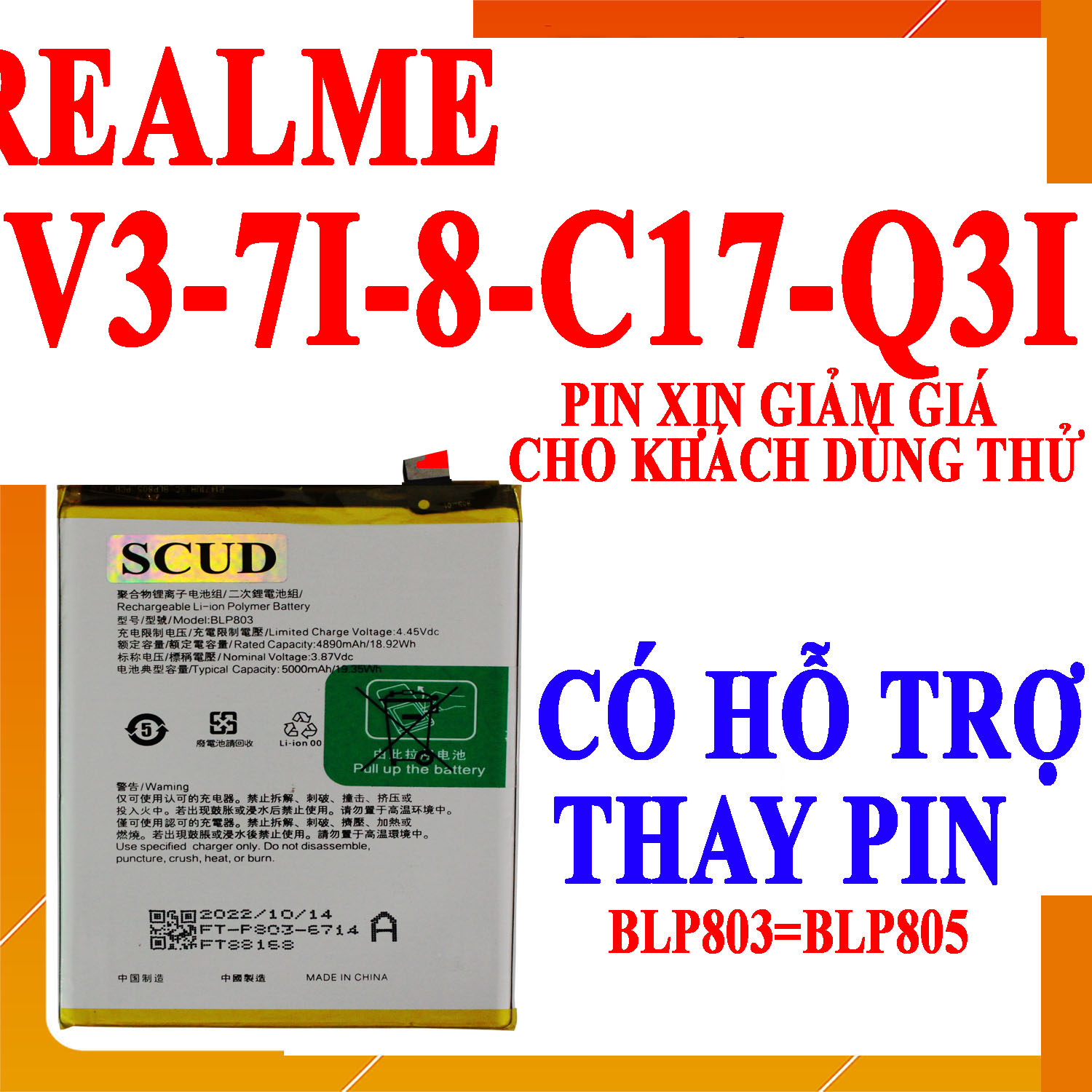 Pin scud cho realme 7i/v3/8/c17/q3i blp805 dung lượng 5000mah