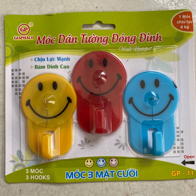 Set 3 móc dán tường mặt cười có Đinh chịu lực