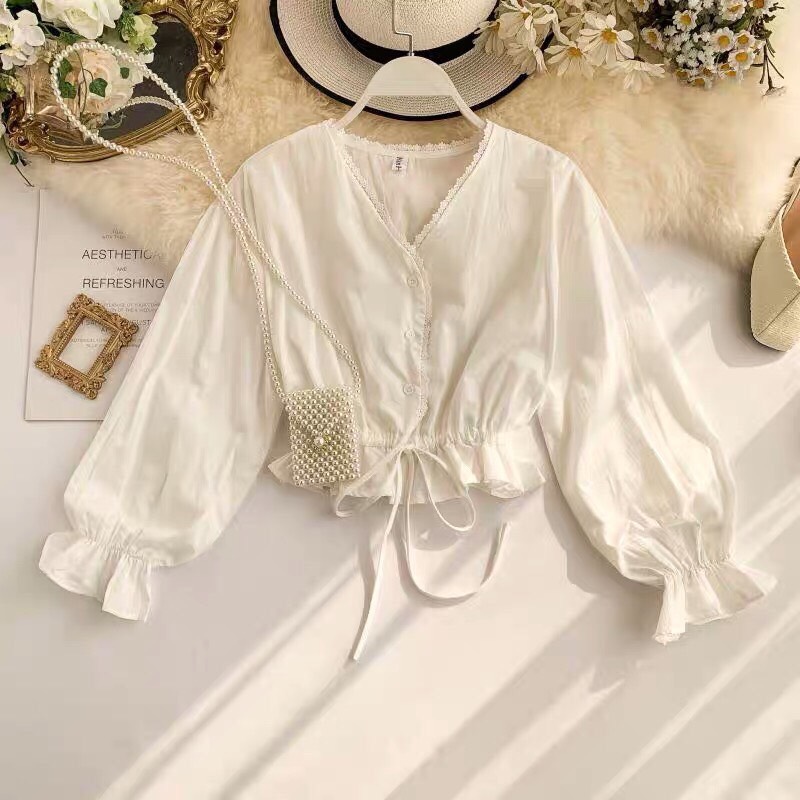 [HCM]Áo nữ cổ V dây rút eo tay dài