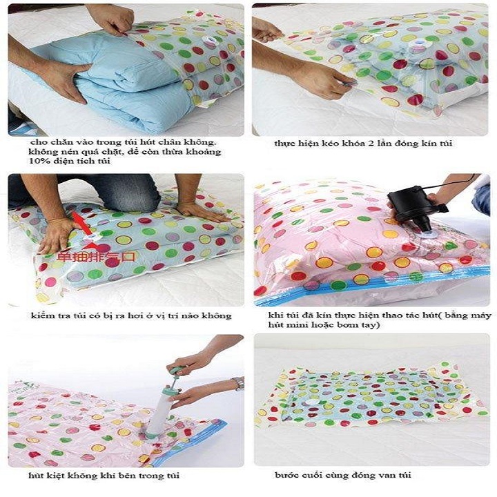 BỘ 8 TÚI HÚT CHÂN KHÔNG ĐỰNG QUẦN ÁO CHĂN MÀN TẶNG KÈM BƠM TAY. TÚI ĐỰNG QUẦN ÁO