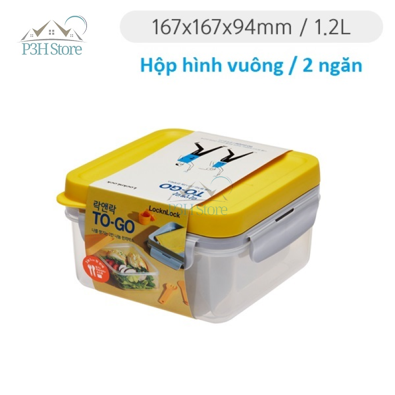 Hộp cơm văn phòng Lock&Lock TOGO HPL979L hình vuông 1.2L bằng nhựa chia ngăn kèm dao muỗng  hộp sốt đi kèm