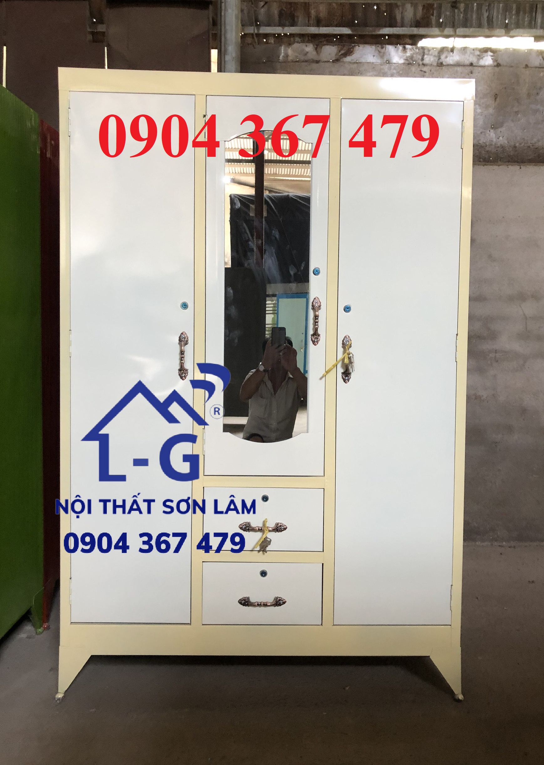 Tủ sắt quần áo 3 cánh 2 hộc kéo - tủ đựng quần áo có gương