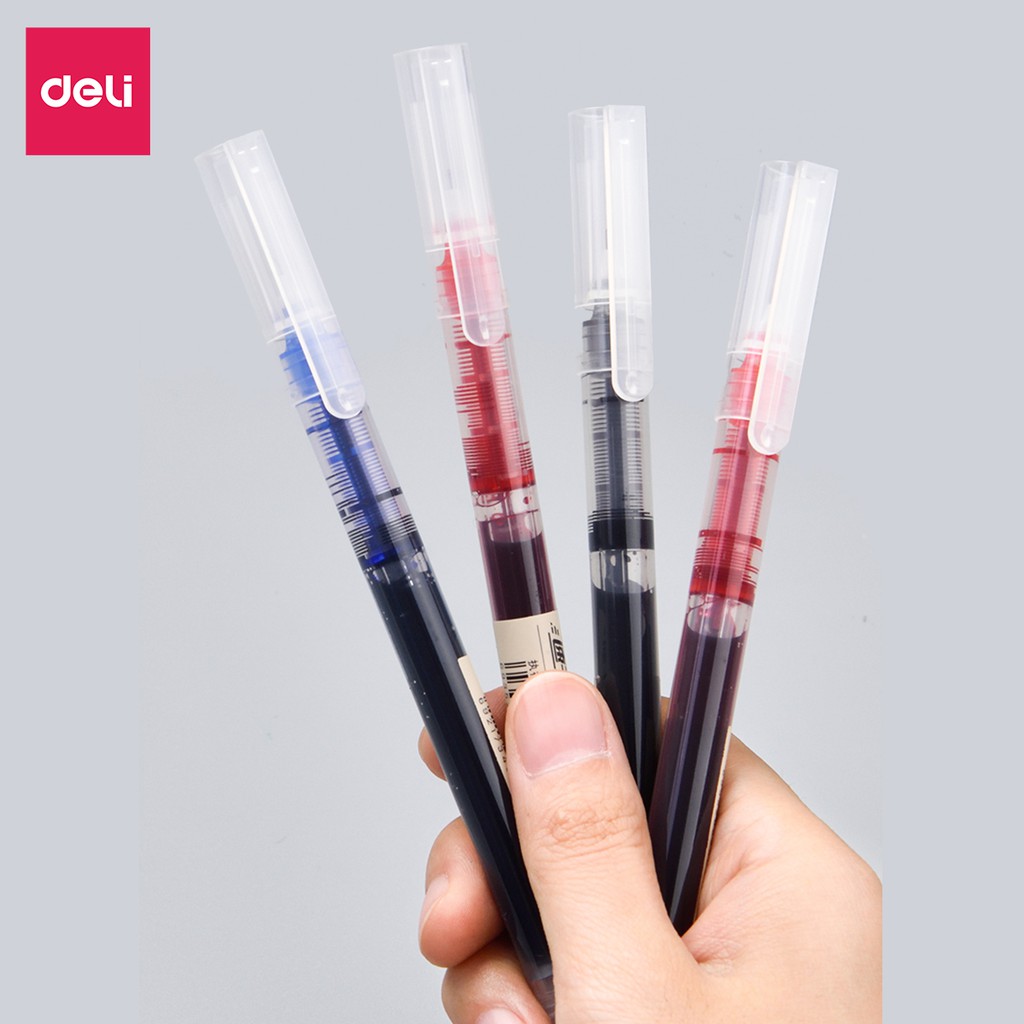 Combo 10 Bút bi nước mực gel xanh đỏ đen Deli, bút gel mực nước nhanh khô ngòi 0.5mm viết calligraphy, bút viết thư pháp viết chữ đẹp cho học sinh, bút viết văn phòng - S856