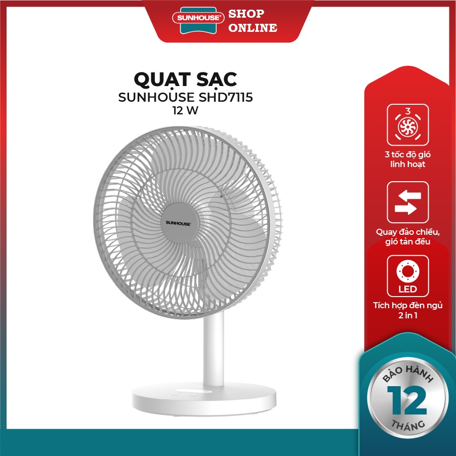 Quạt tích điện Sunhouse SHD7115 - Quạt sạc tích điện sử dụng 2.5 - 4 giờ - Bảo hành 12 tháng