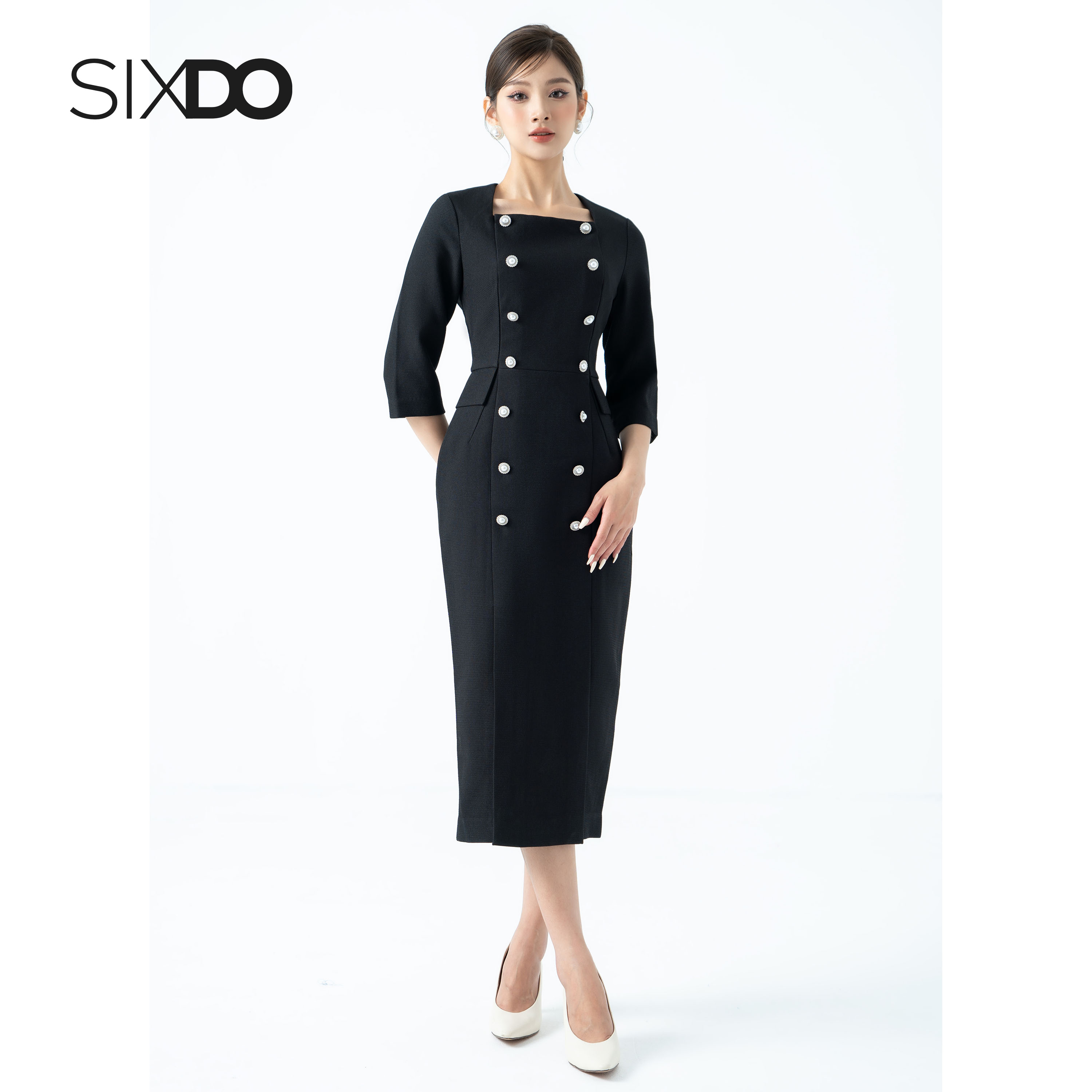 Đầm cổ vuông tay lửng thời trang SIXDO (Square Neck Midi Raw Dress)