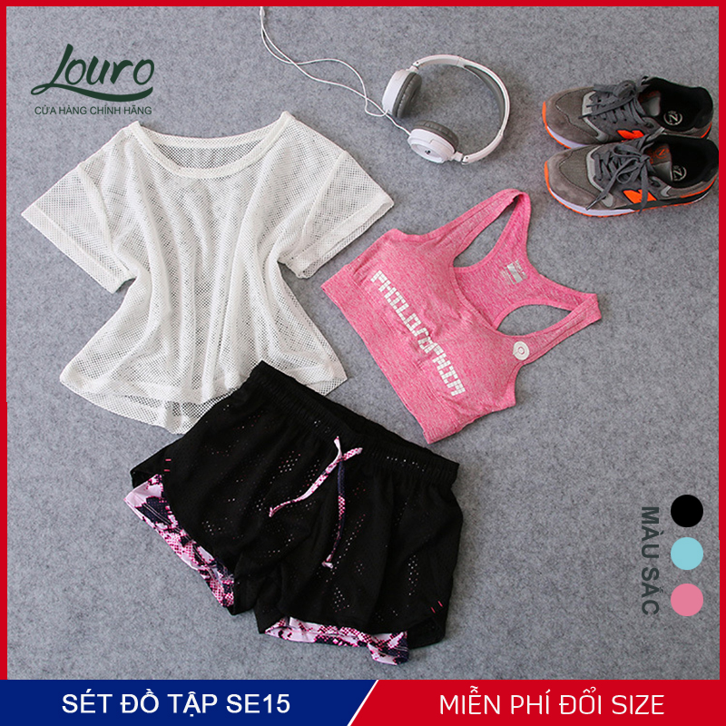 Sét bộ quần áo tập gym nữ Louro SE16, trọn bộ quần áo tập gym nữ 3 món, phù hợp tập gym, yoga, zumba
