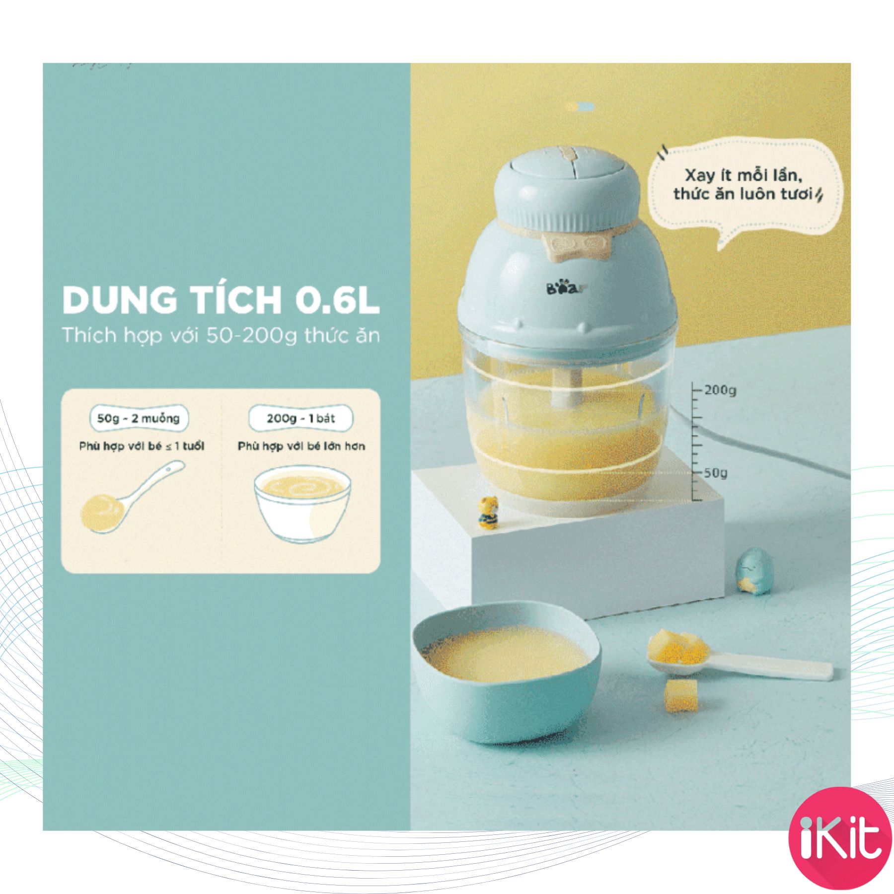Máy xay thực phẩm mini Bear, công suất 200W, bảo hành 6 tháng
