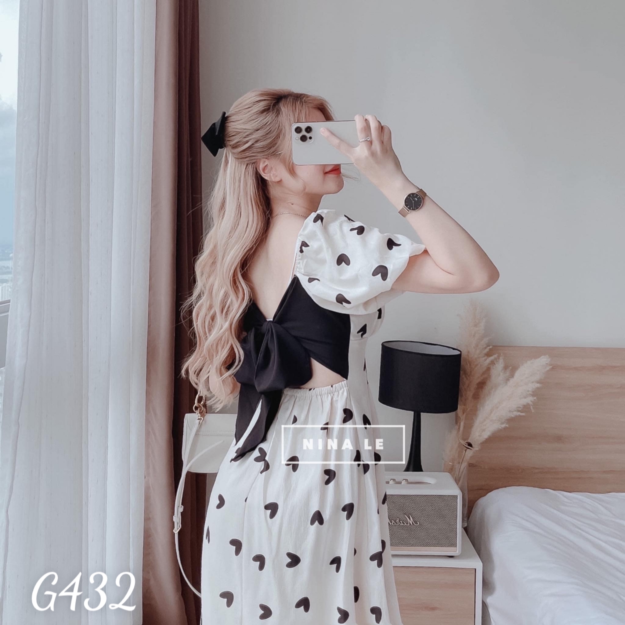 Đầm voan lụa nữ in trái tim cột nơ lưng dáng xoè g432
